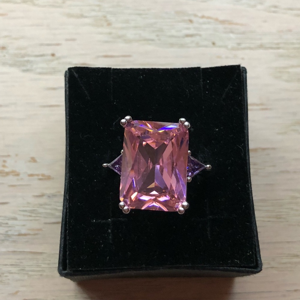 Emerald Cut Created Pink Sapphire Silver Ring Sz 8